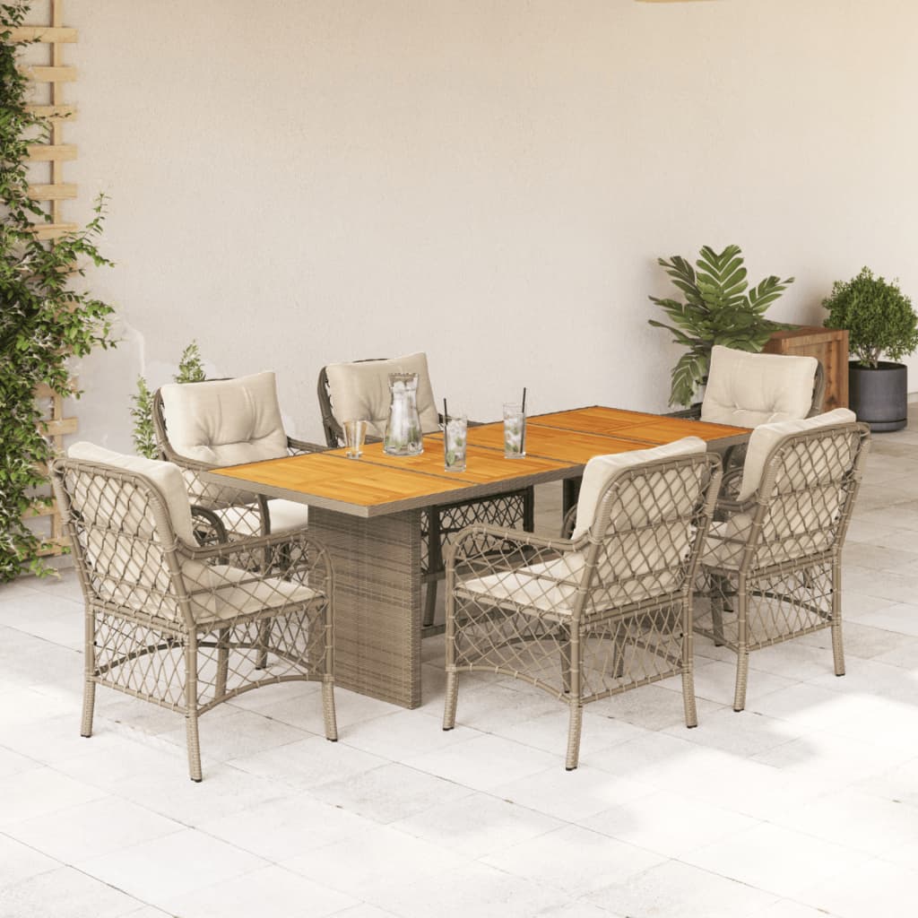 spisebordssæt til haven 7 dele med hynder polyrattan beige