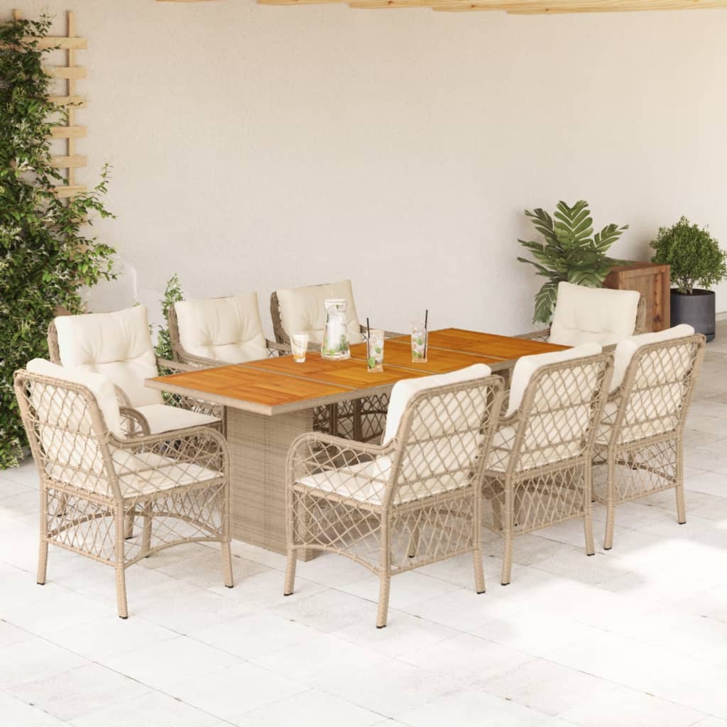 spisebordssæt til haven 9 dele med hynder polyrattan beige