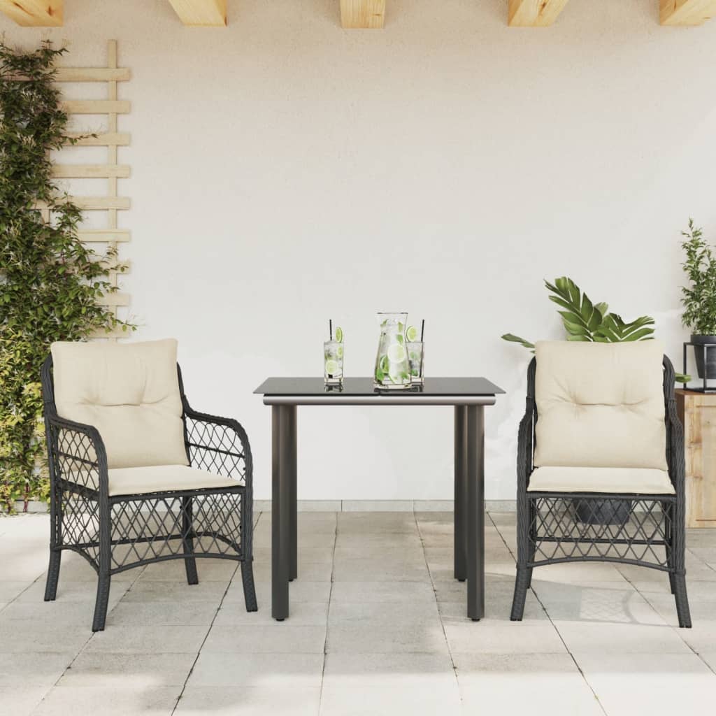 bistrosæt til haven 3 dele med hynder polyrattan sort