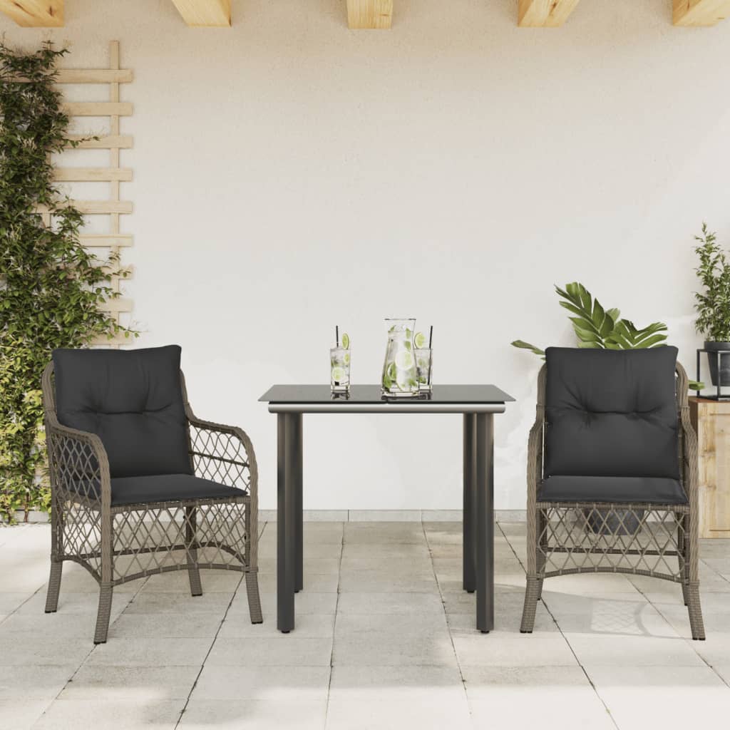 bistrosæt til haven 3 dele med hynder polyrattan grå