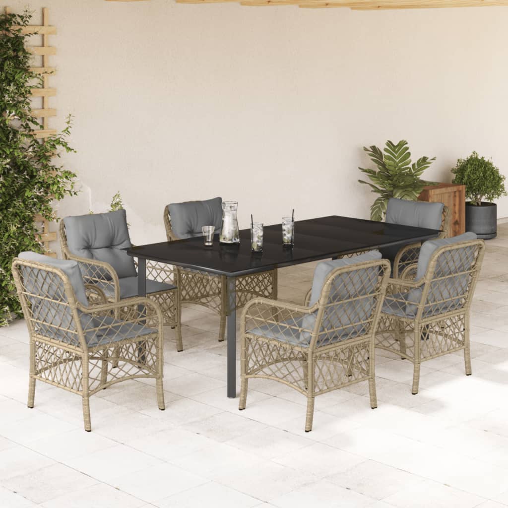 spisebordssæt til haven 7 dele med hynder polyrattan beige
