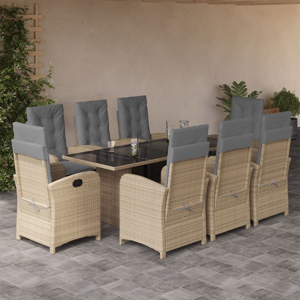 spisebordssæt til haven 9 dele med hynder polyrattan beige