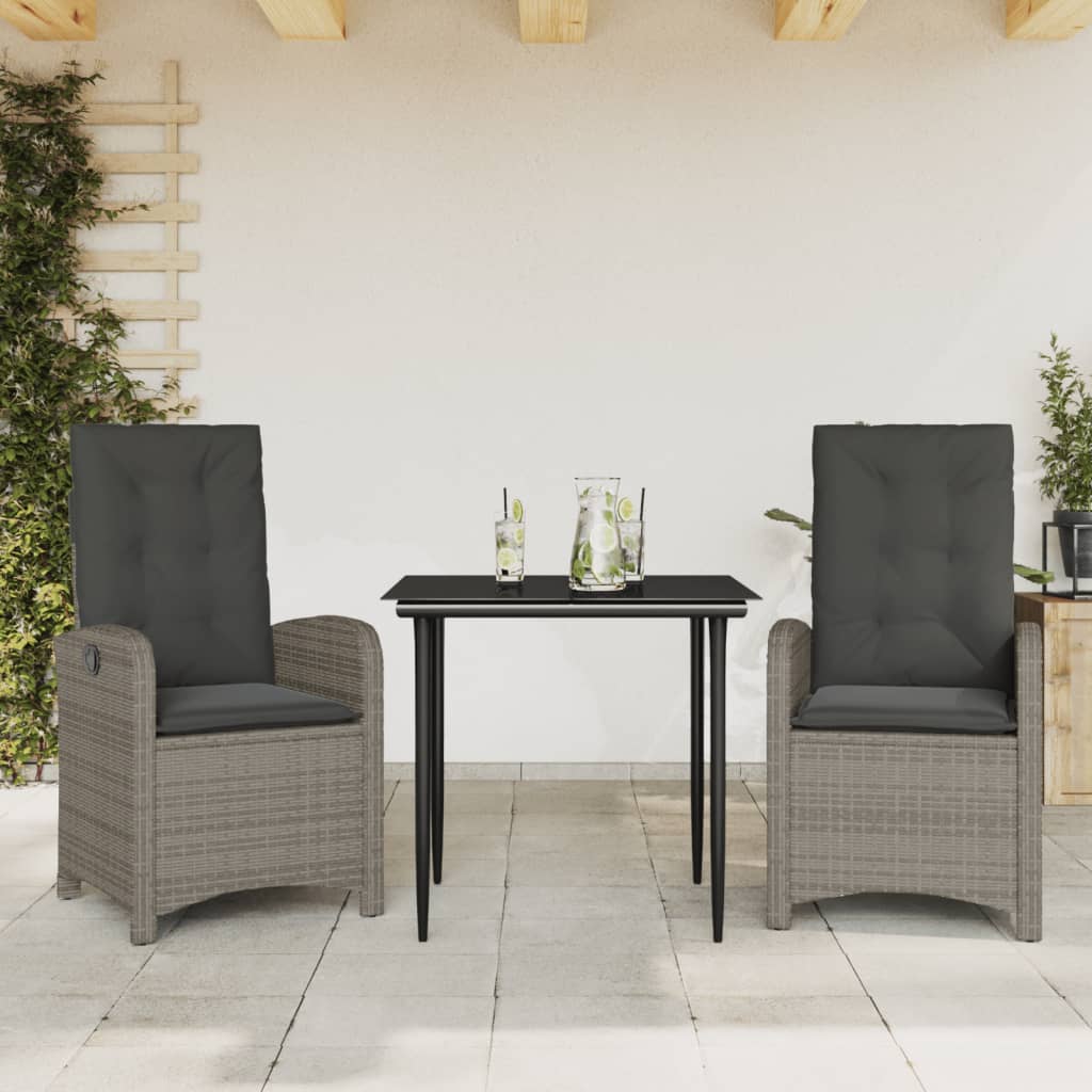 spisebordssæt til haven 3 dele med hynder polyrattan grå