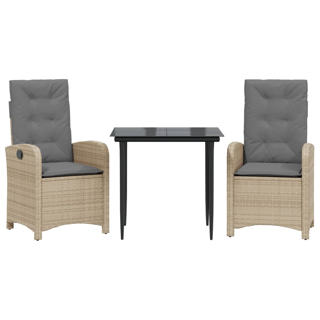 spisebordssæt til haven 3 dele med hynder polyrattan beige