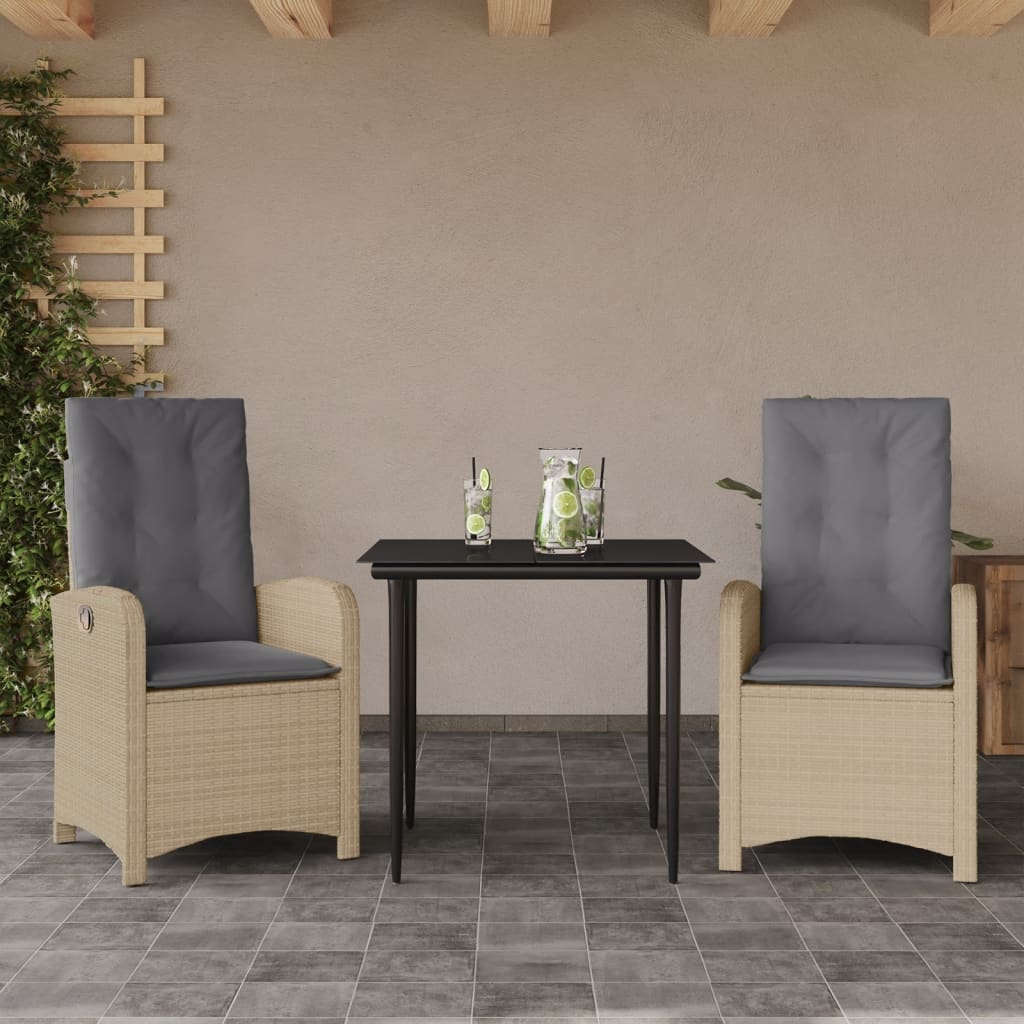 spisebordssæt til haven 3 dele med hynder polyrattan beige