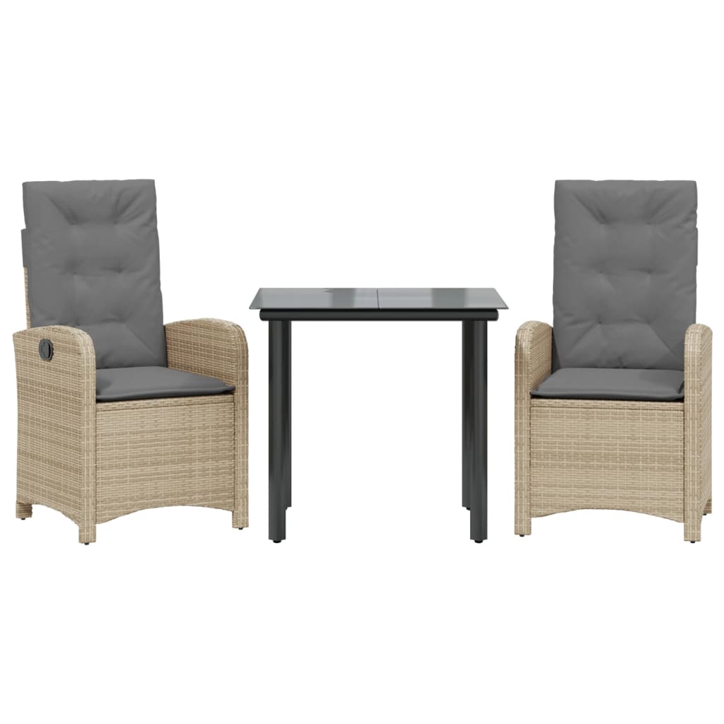 spisebordssæt til haven 3 dele med hynder polyrattan beige