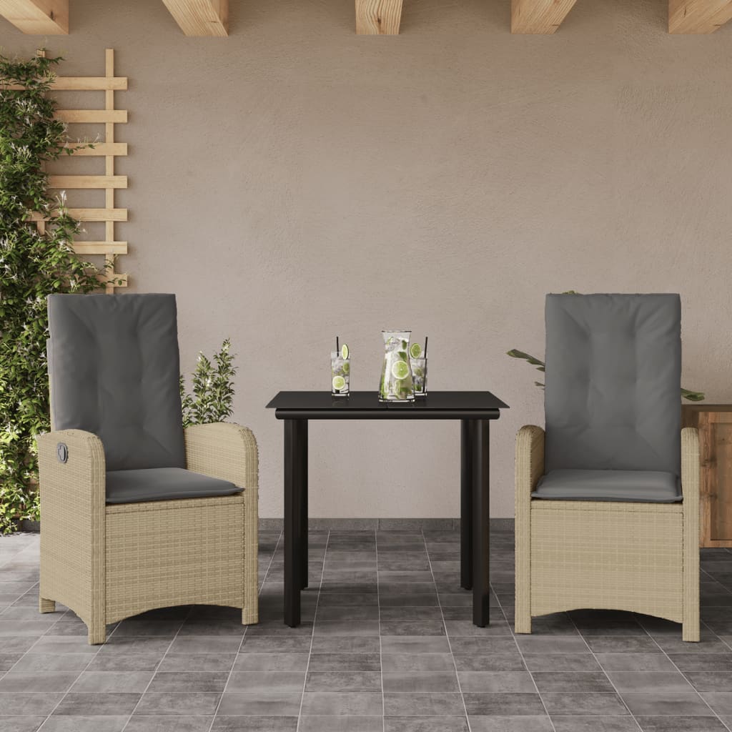 spisebordssæt til haven 3 dele med hynder polyrattan beige