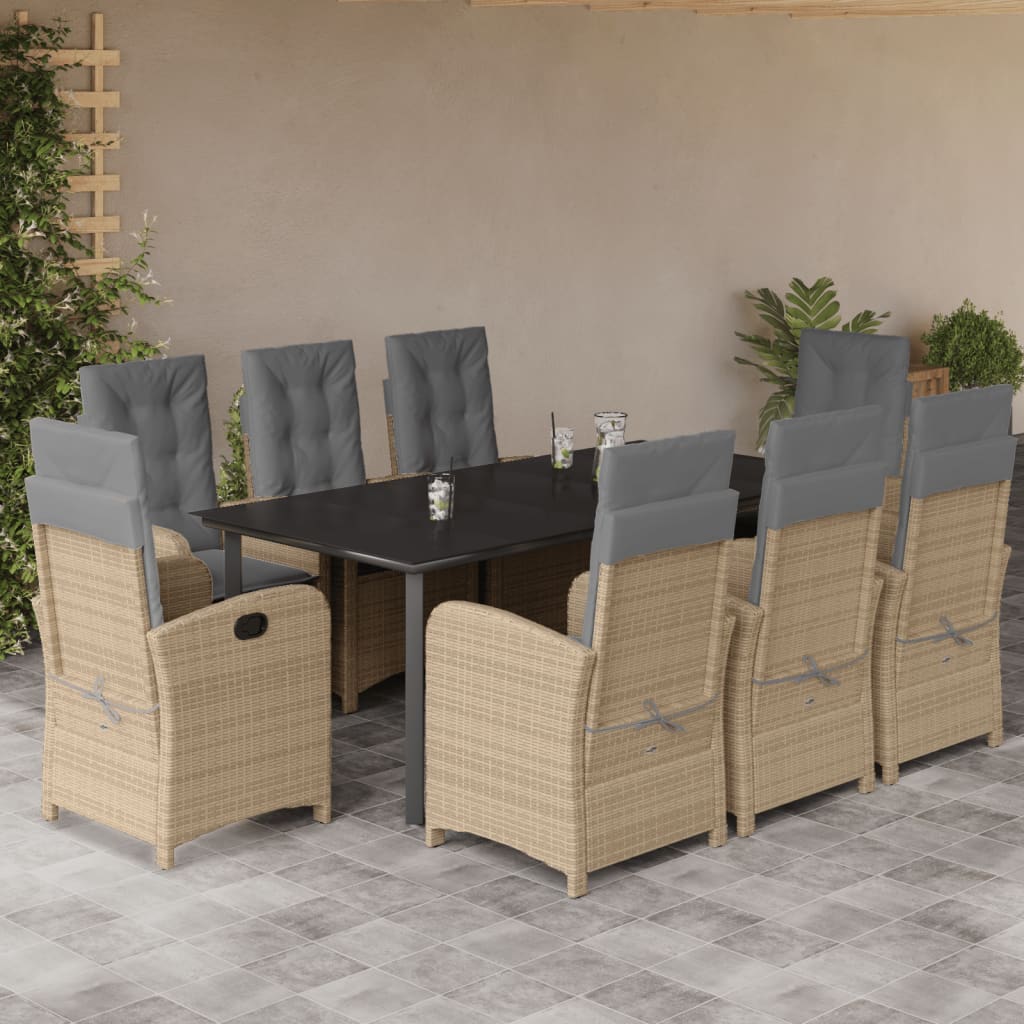 spisebordssæt til haven 9 dele med hynder polyrattan beige