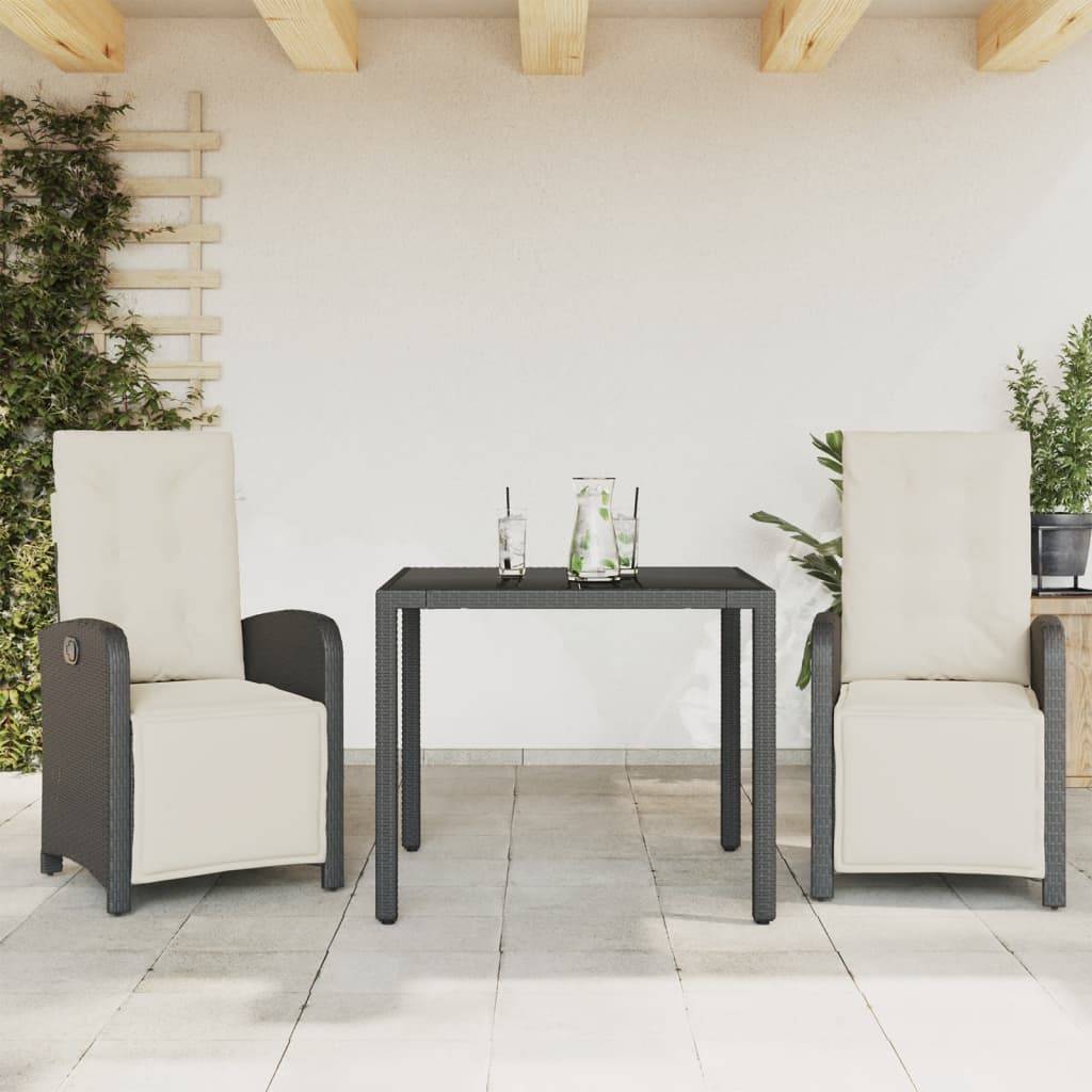 bistrosæt til haven 3 dele med hynder polyrattan sort