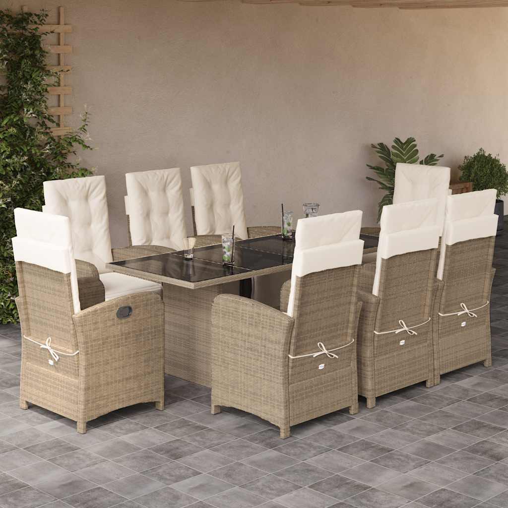 spisebordssæt til haven 9 dele med hynder polyrattan beige