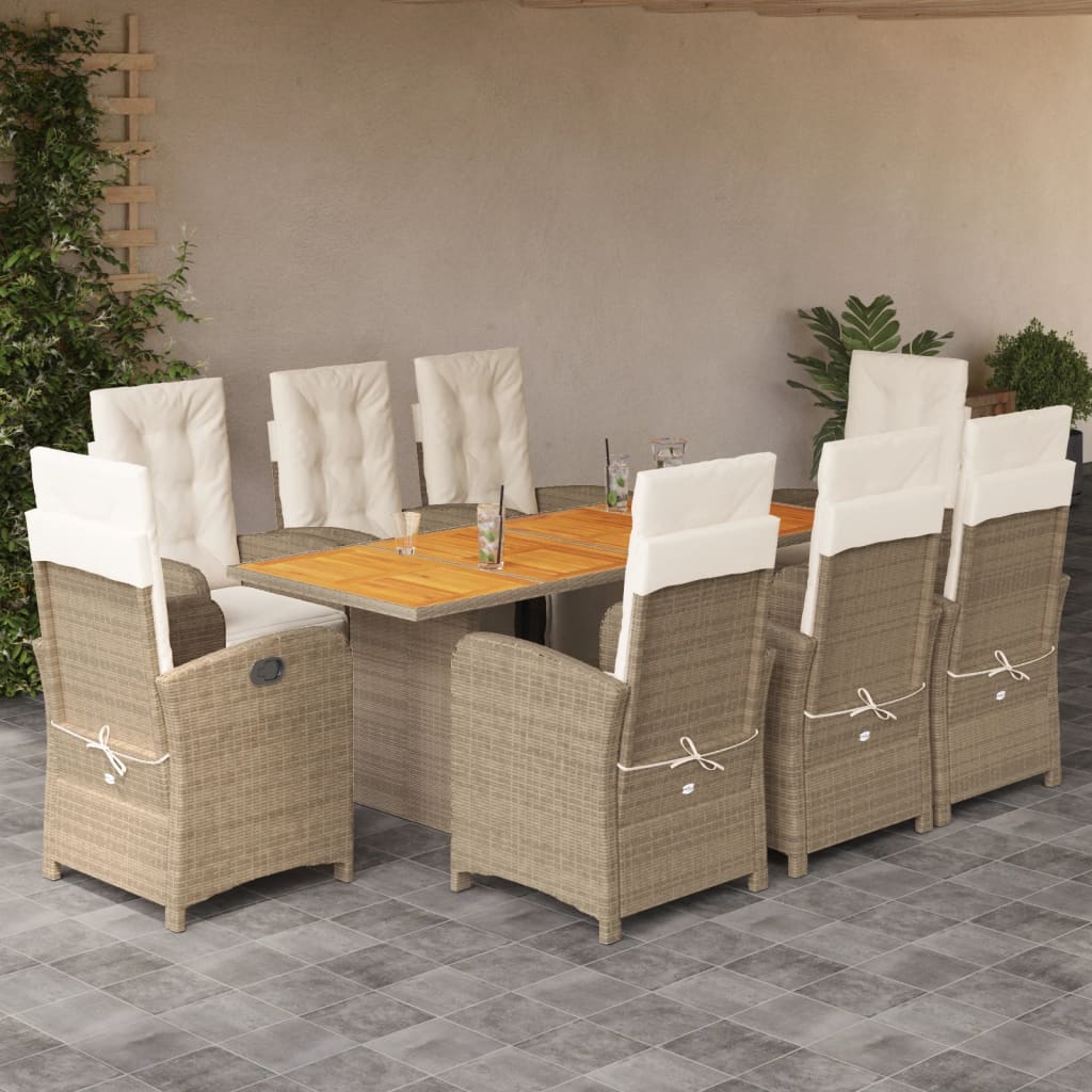 spisebordssæt til haven 9 dele med hynder polyrattan beige