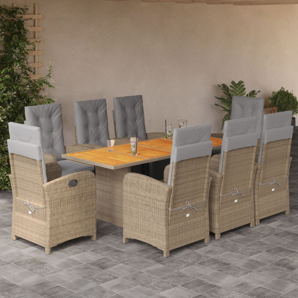 spisebordssæt til haven 9 dele med hynder polyrattan beige