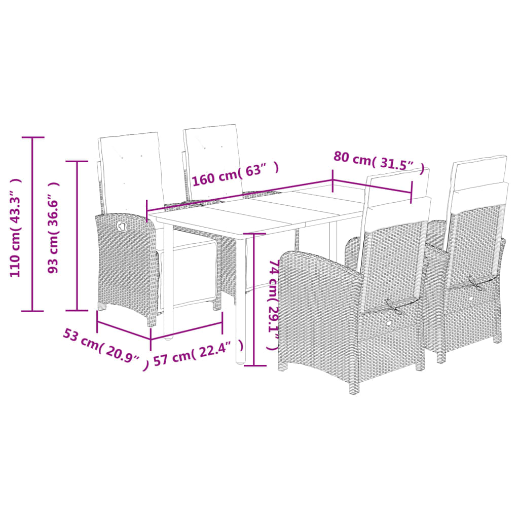 spisebordssæt til haven 5 dele med hynder polyrattan beige