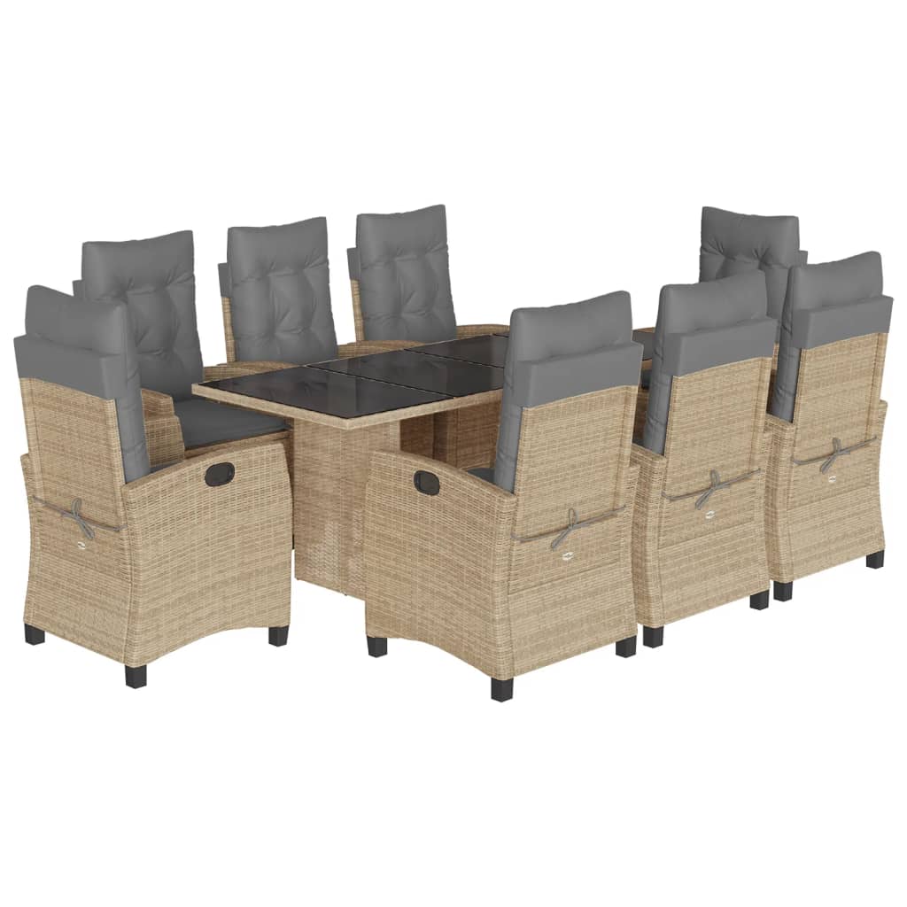 spisebordssæt til haven 9 dele med hynder polyrattan beige