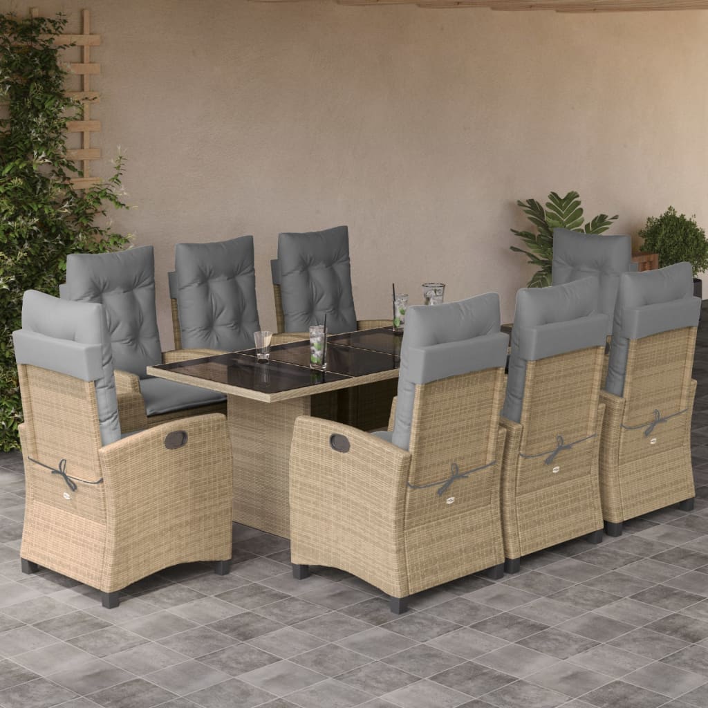 spisebordssæt til haven 9 dele med hynder polyrattan beige