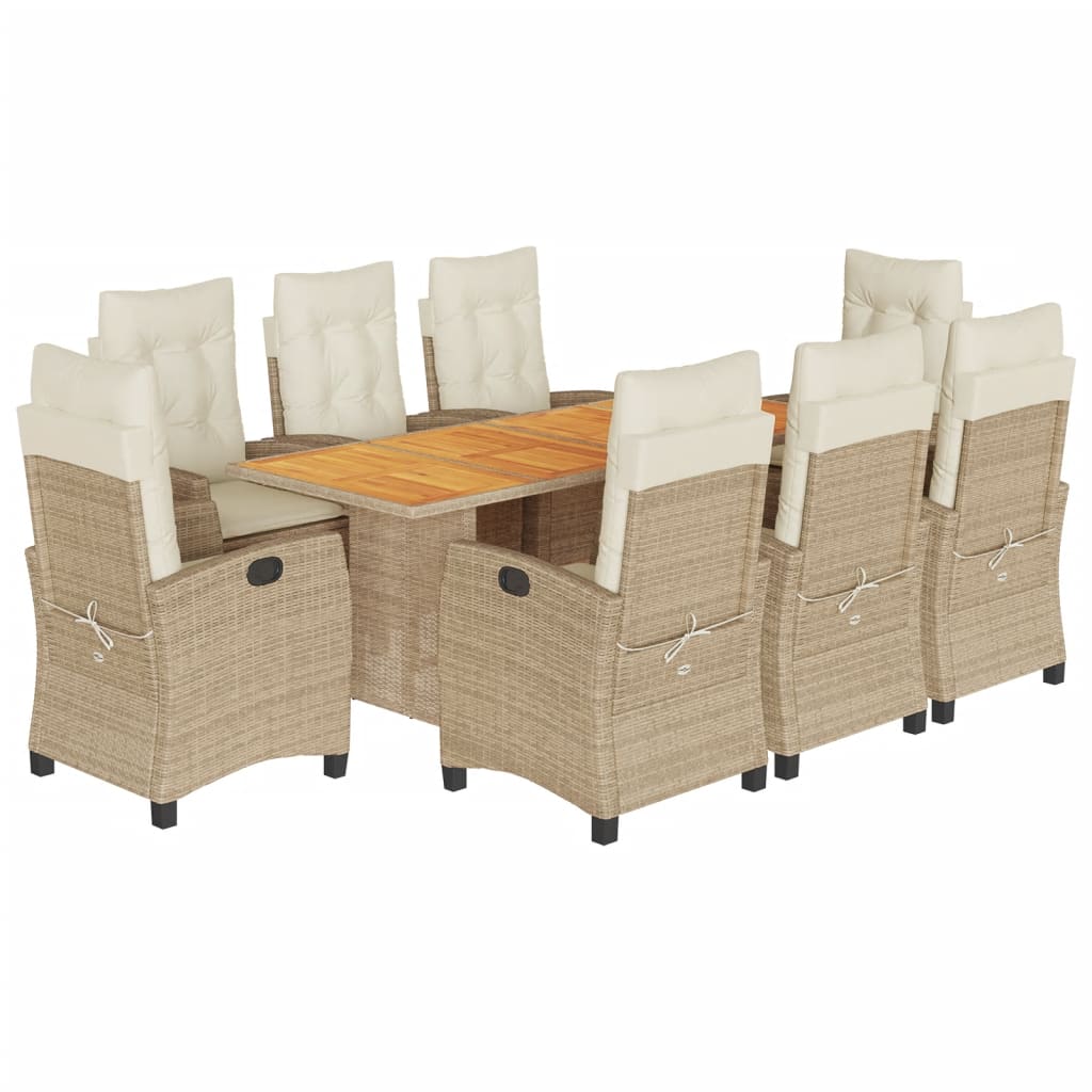 spisebordssæt til haven 9 dele med hynder polyrattan beige