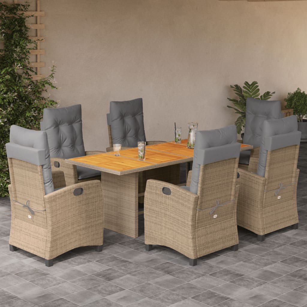 spisebordssæt til haven 7 dele med hynder polyrattan beige