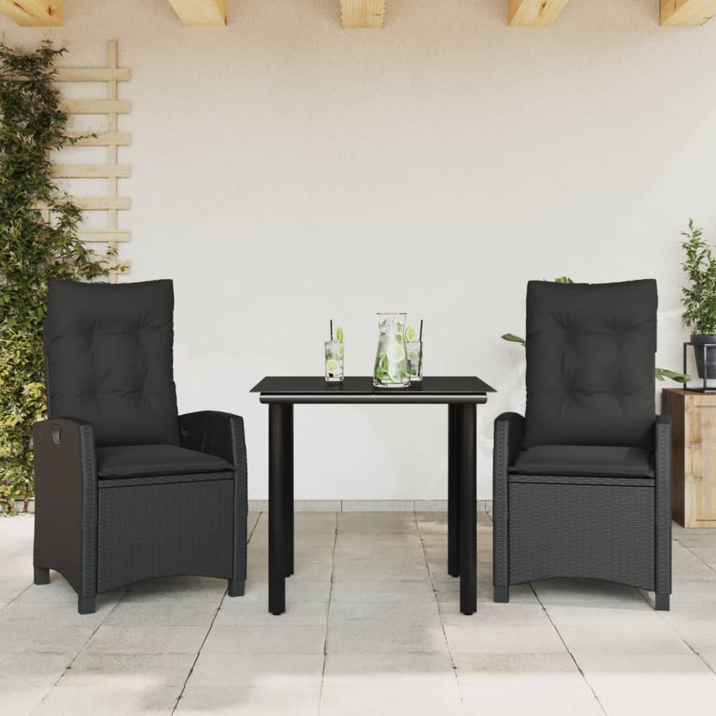 spisebordssæt til haven 3 dele med hynder polyrattan sort