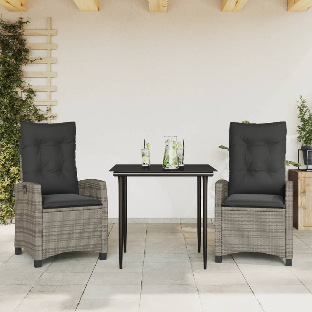 spisebordssæt til haven 3 dele med hynder polyrattan grå