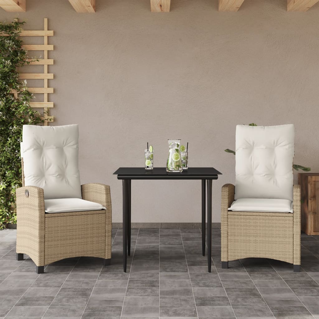 spisebordssæt til haven 3 dele med hynder polyrattan beige