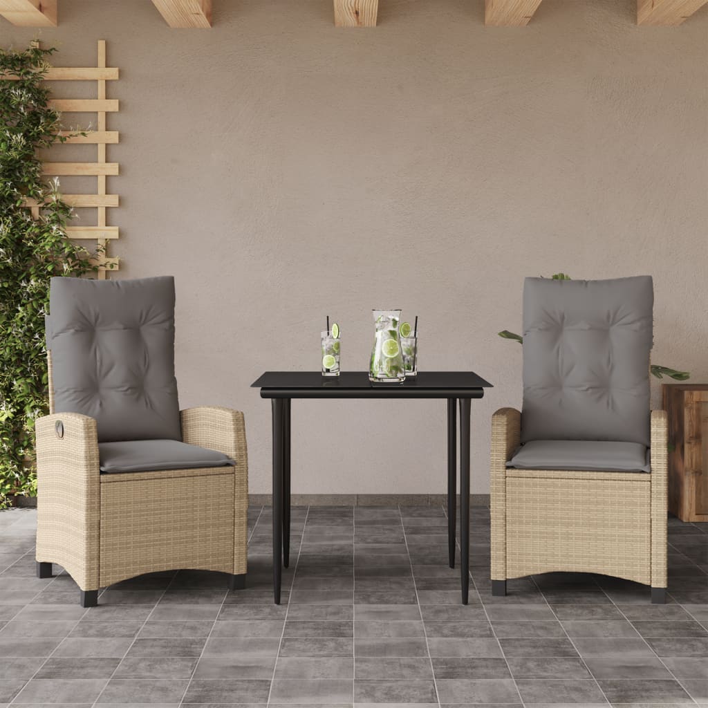 spisebordssæt til haven 3 dele med hynder polyrattan beige
