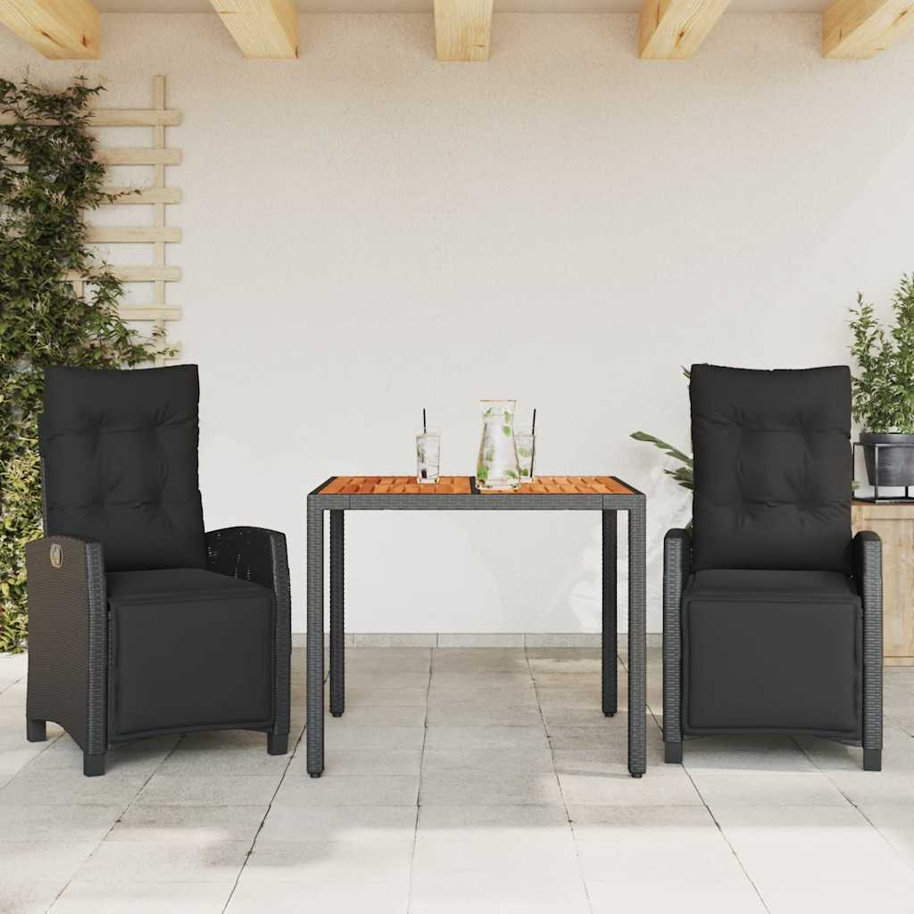 spisebordssæt til haven 3 dele med hynder polyrattan sort