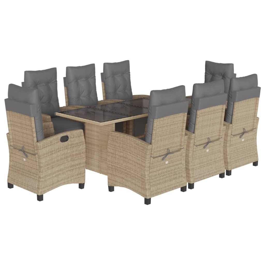 spisebordssæt til haven 9 dele med hynder polyrattan beige