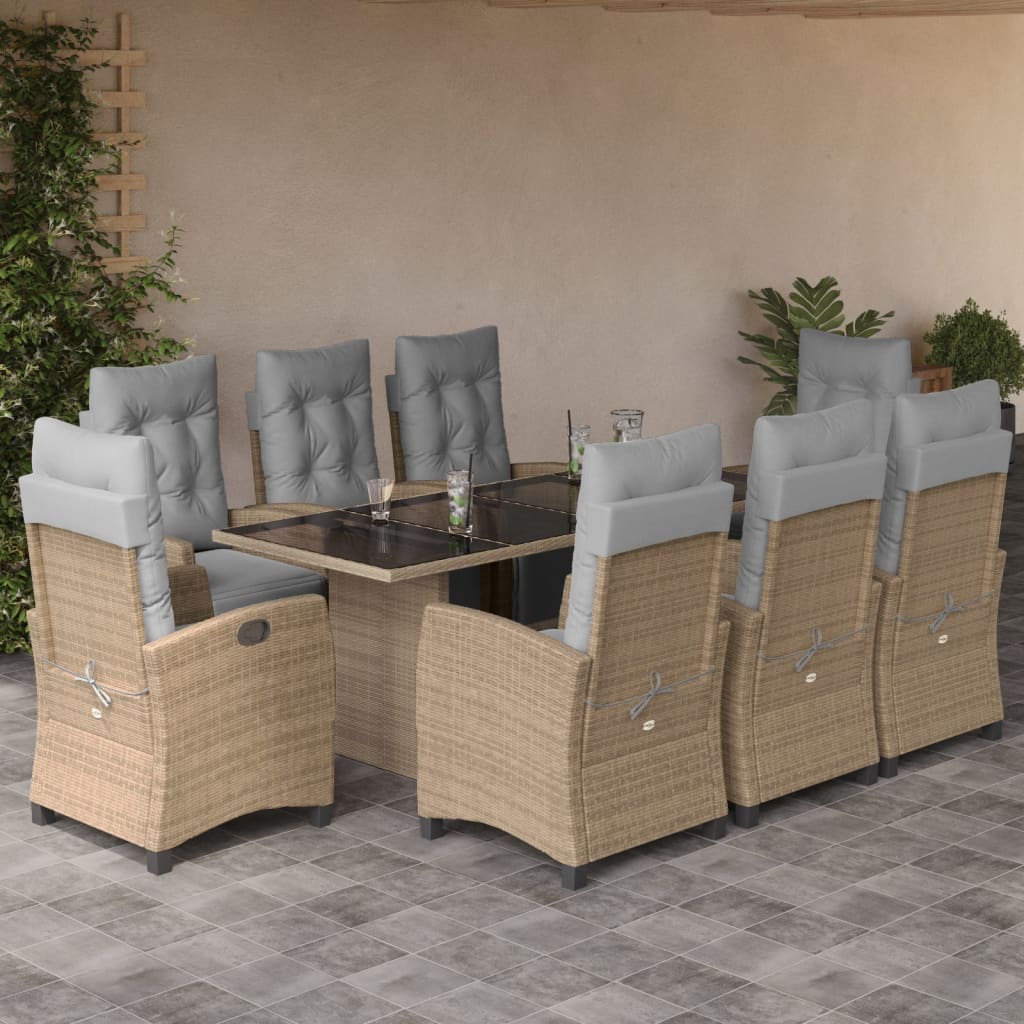 spisebordssæt til haven 9 dele med hynder polyrattan beige