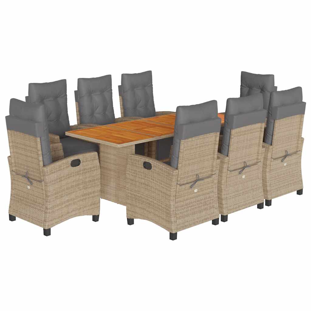 spisebordssæt til haven 9 dele med hynder polyrattan beige