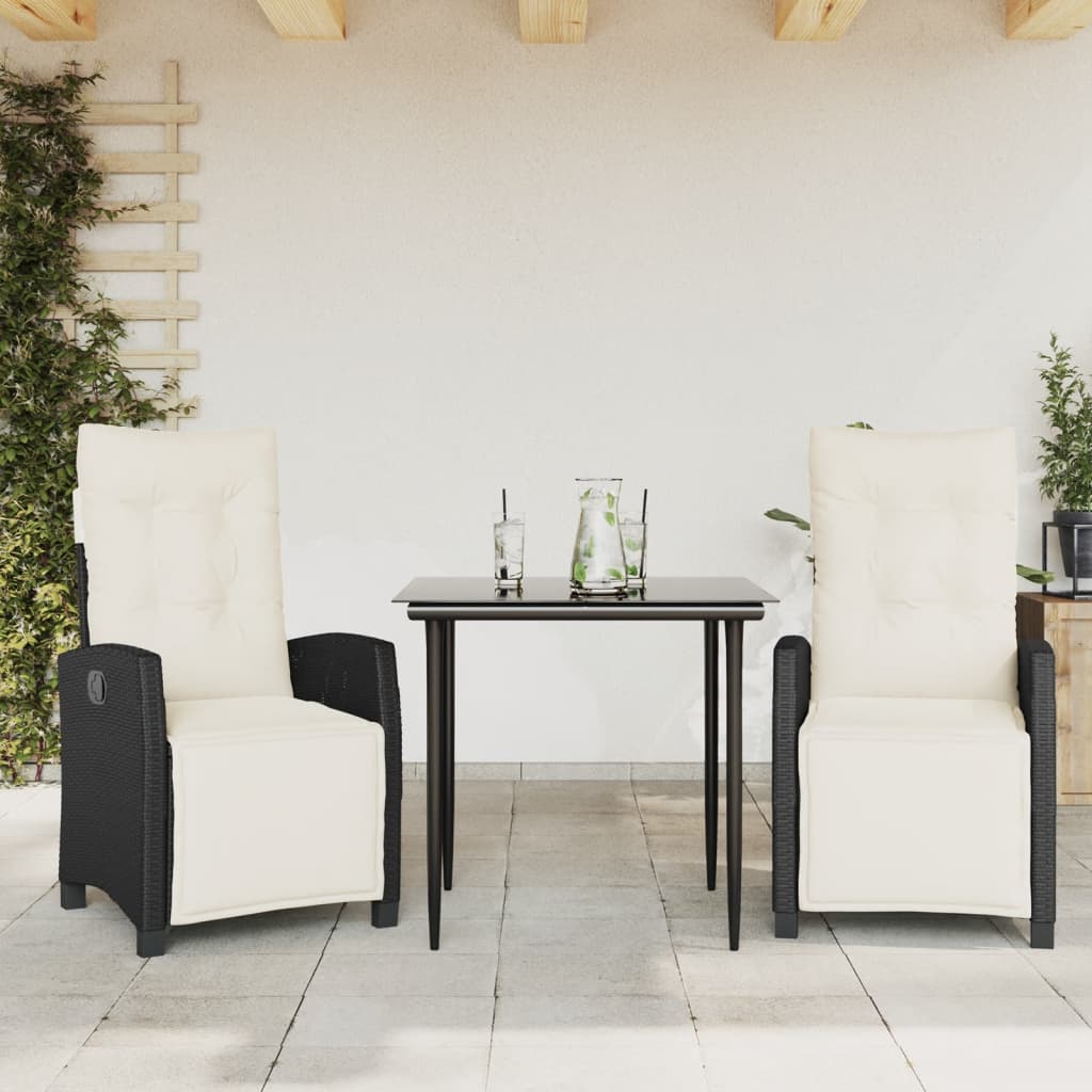 spisebordssæt til haven 3 dele med hynder polyrattan sort