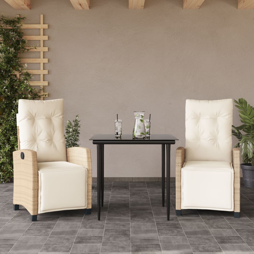 spisebordssæt til haven 3 dele med hynder polyrattan beige