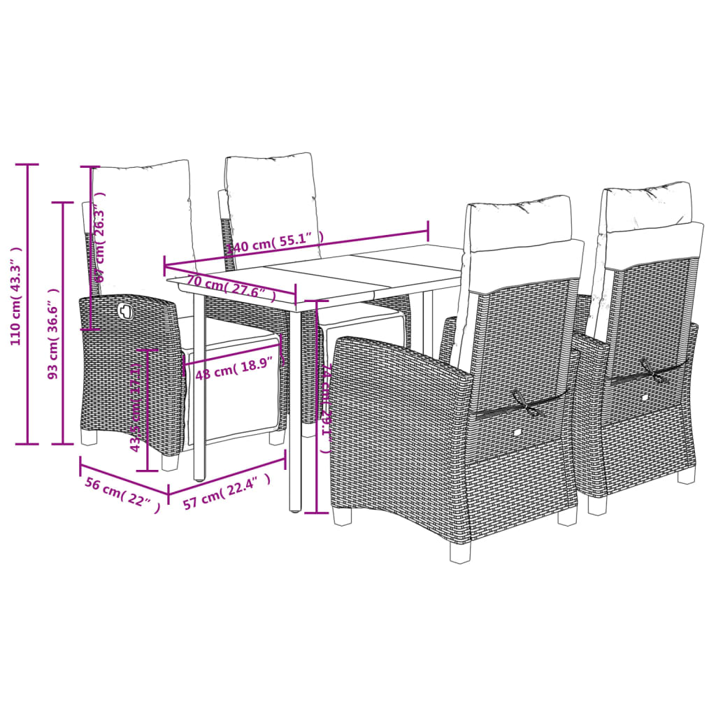 spisebordssæt til haven 5 dele med hynder polyrattan beige