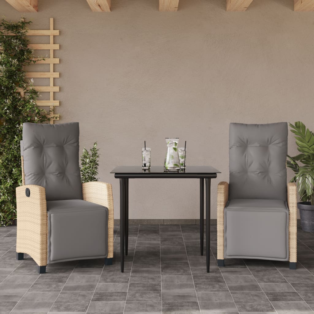 spisebordssæt til haven 3 dele med hynder polyrattan beige