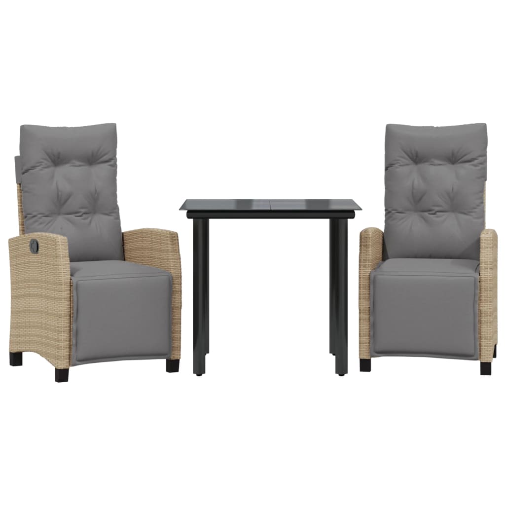 spisebordssæt til haven 3 dele med hynder polyrattan beige