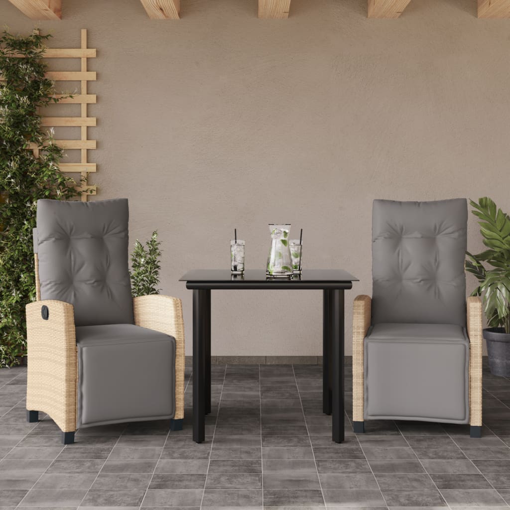spisebordssæt til haven 3 dele med hynder polyrattan beige