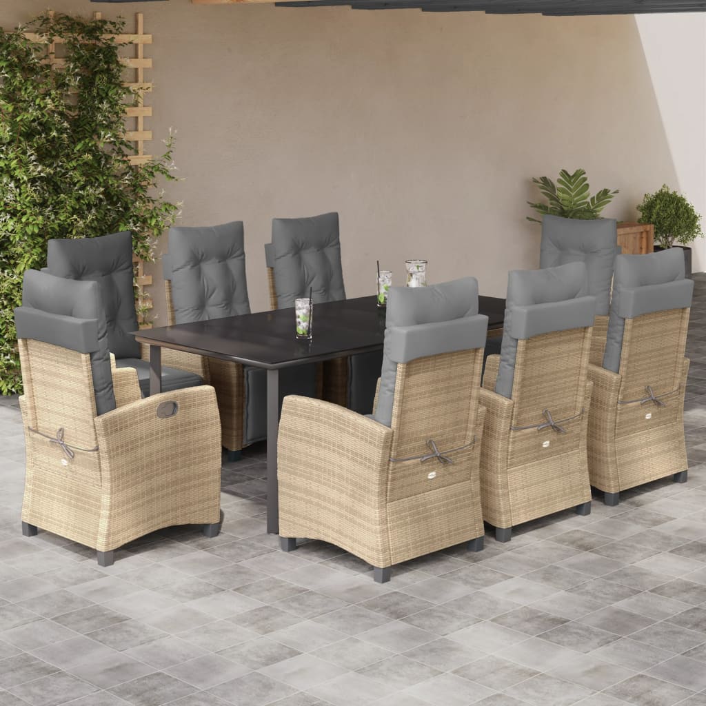 spisebordssæt til haven 9 dele med hynder polyrattan beige