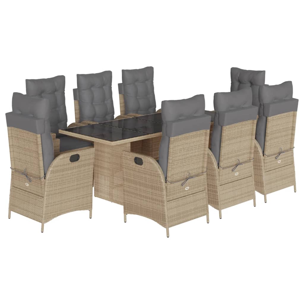 spisebordssæt til haven 9 dele med hynder polyrattan beige