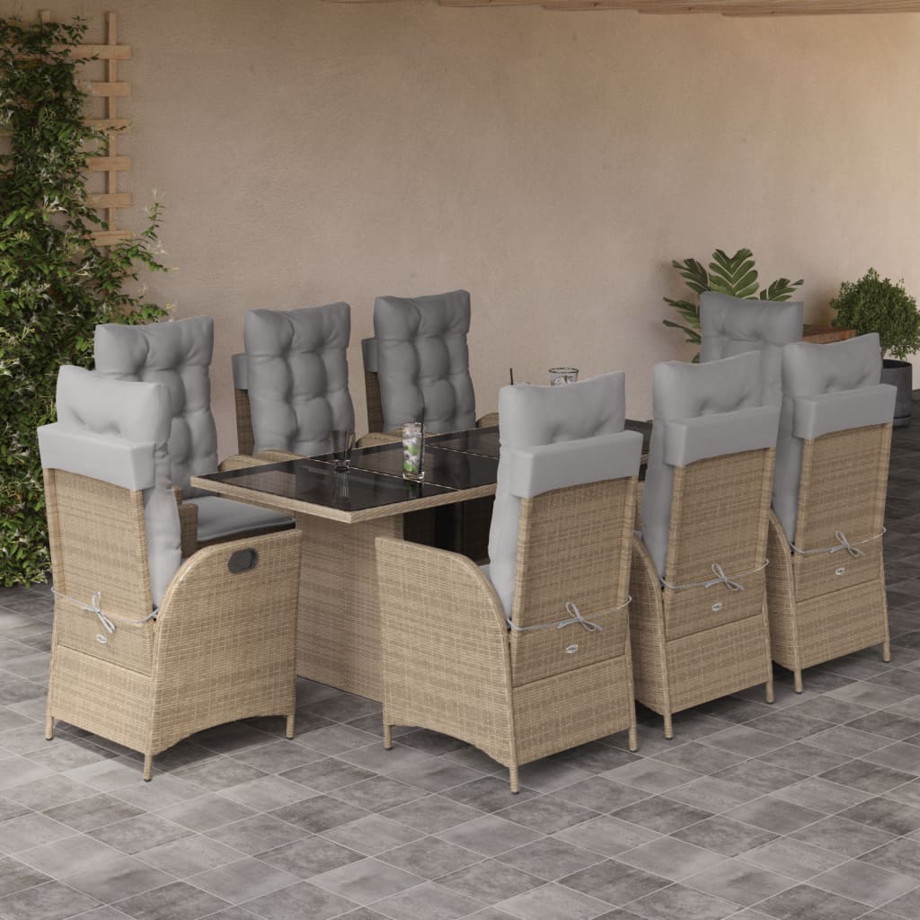 spisebordssæt til haven 9 dele med hynder polyrattan beige