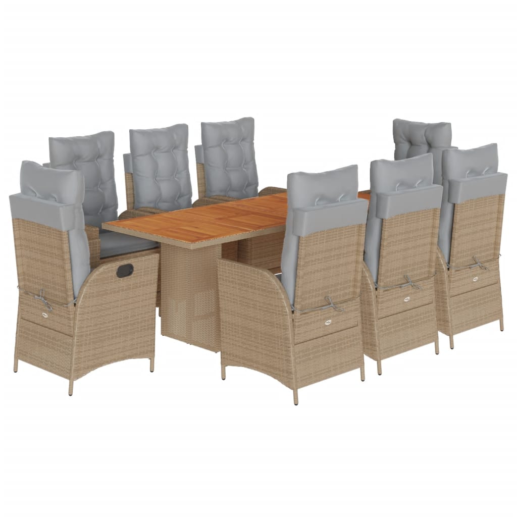 spisebordssæt til haven 9 dele med hynder polyrattan beige