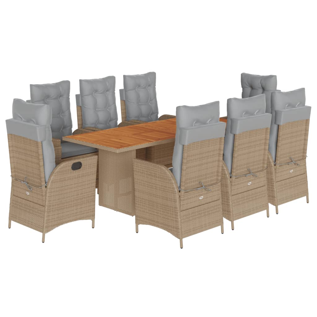 spisebordssæt til haven 9 dele med hynder polyrattan beige