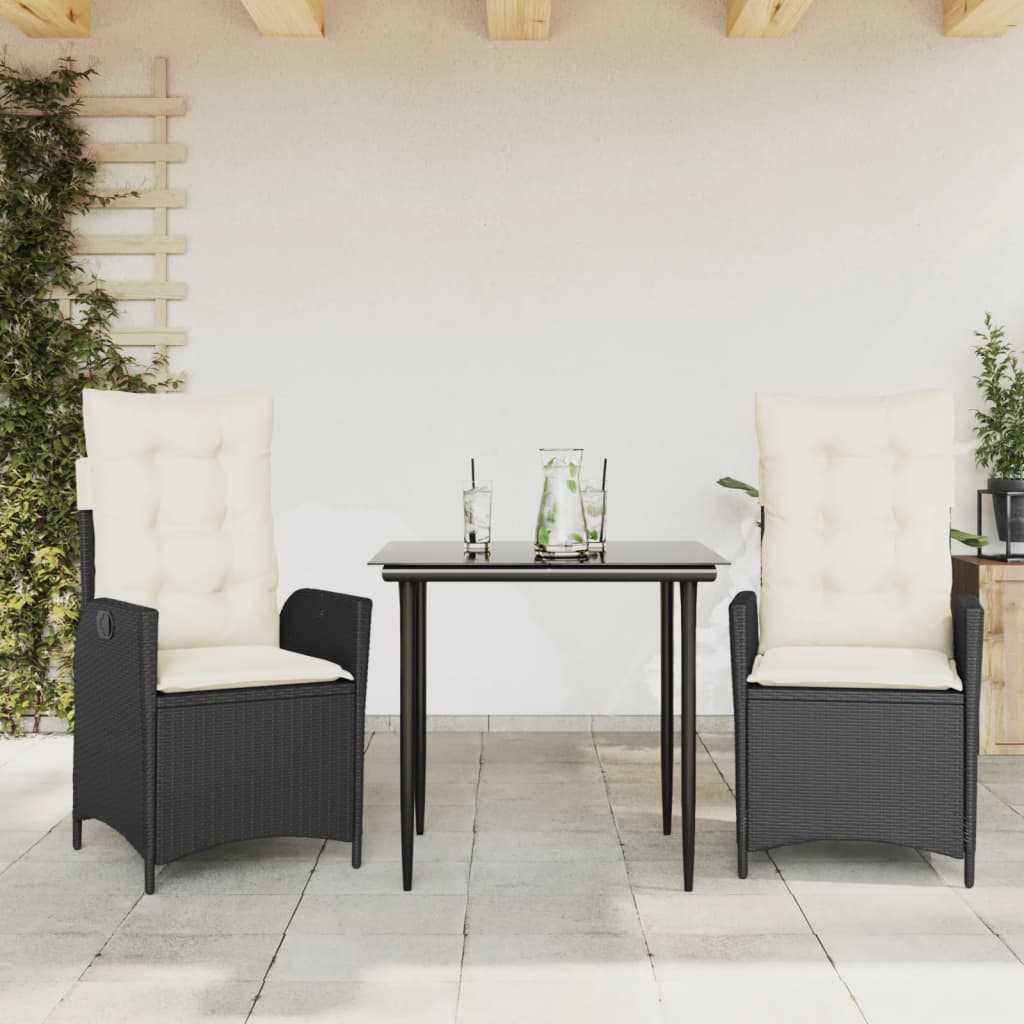 spisebordssæt til haven 3 dele med hynder polyrattan sort