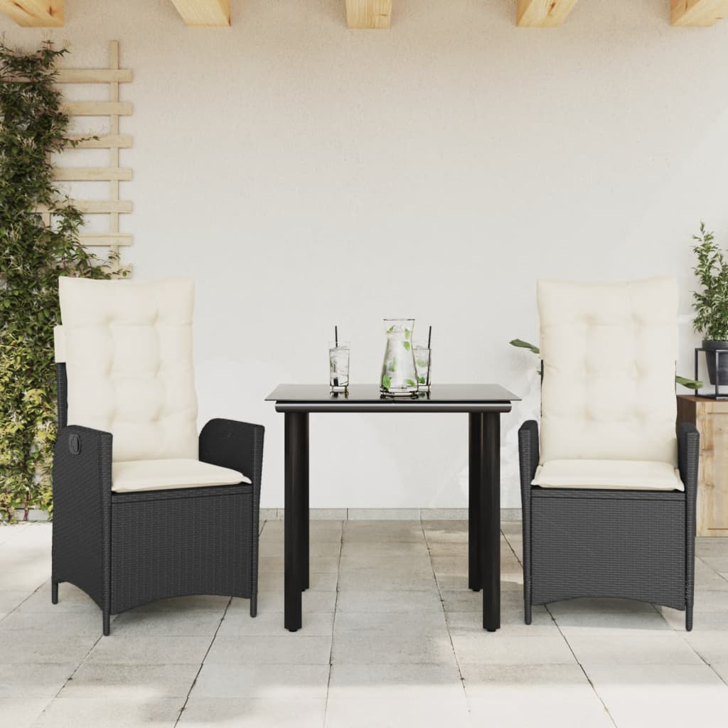 spisebordssæt til haven 3 dele med hynder polyrattan sort