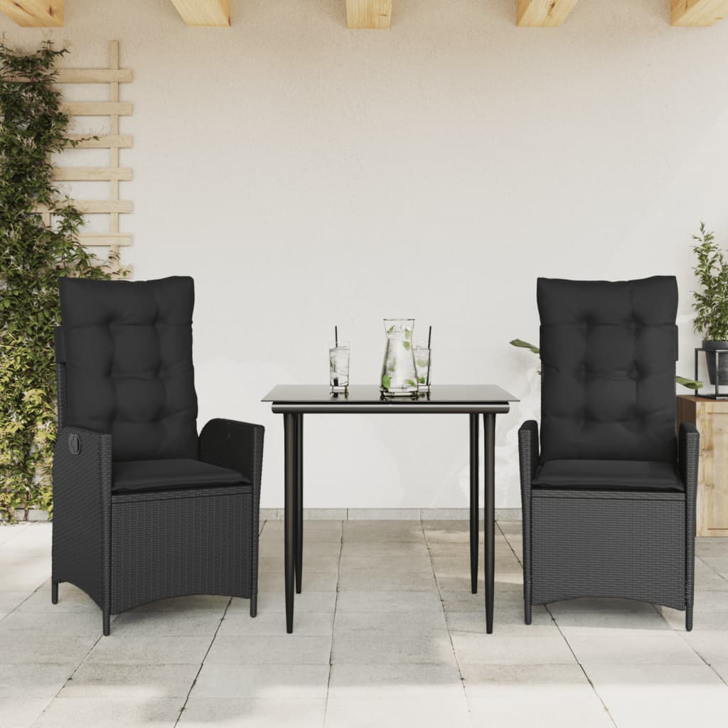 spisebordssæt til haven 3 dele med hynder polyrattan sort