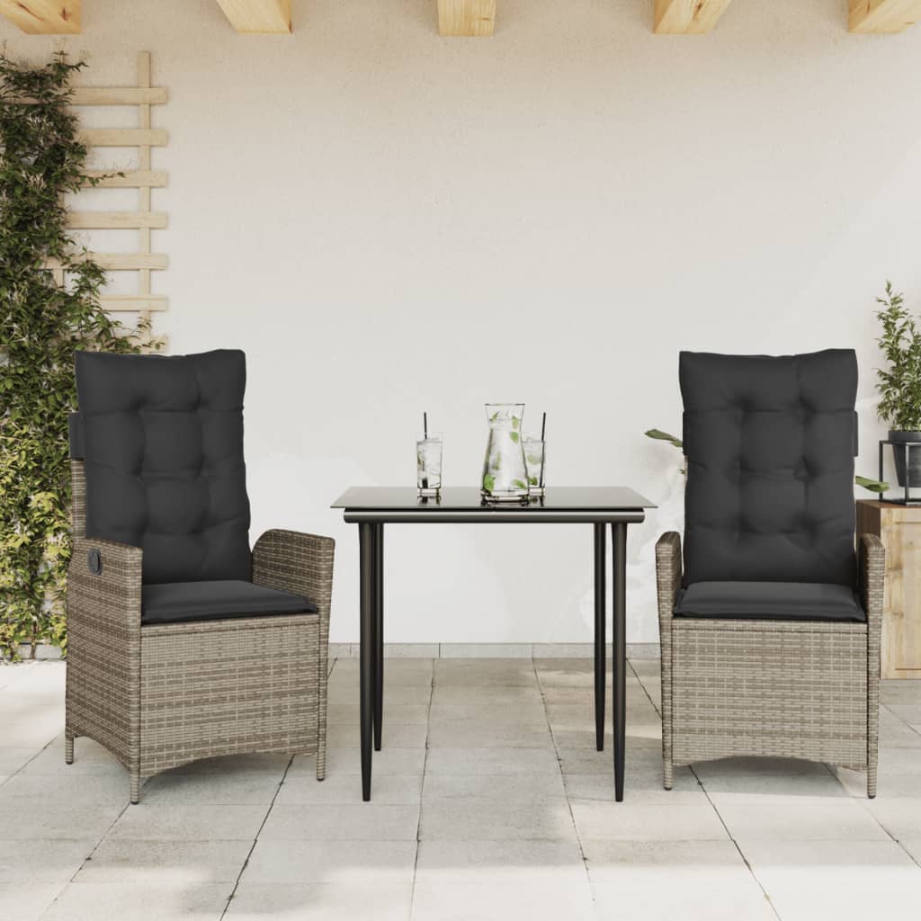 spisebordssæt til haven 3 dele med hynder polyrattan grå