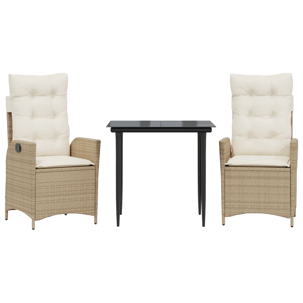 spisebordssæt til haven 3 dele med hynder polyrattan beige