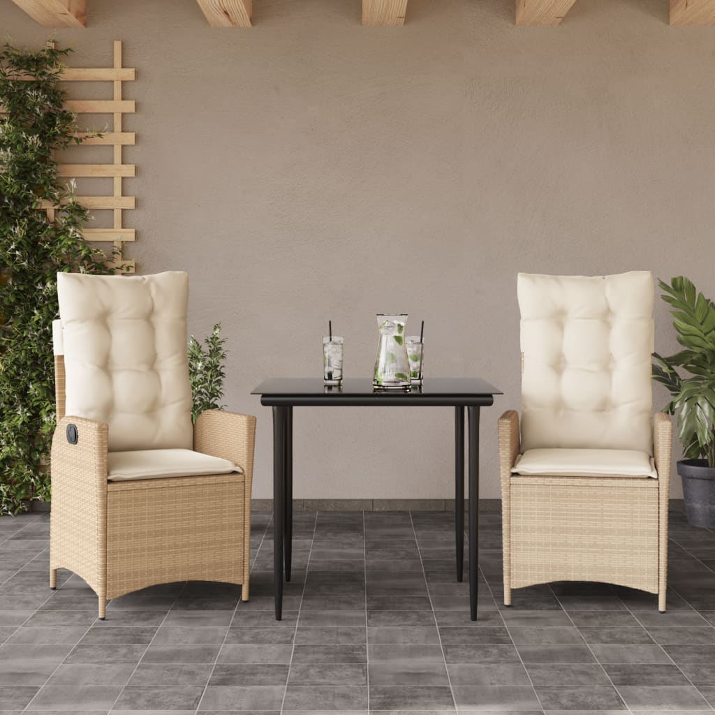 spisebordssæt til haven 3 dele med hynder polyrattan beige
