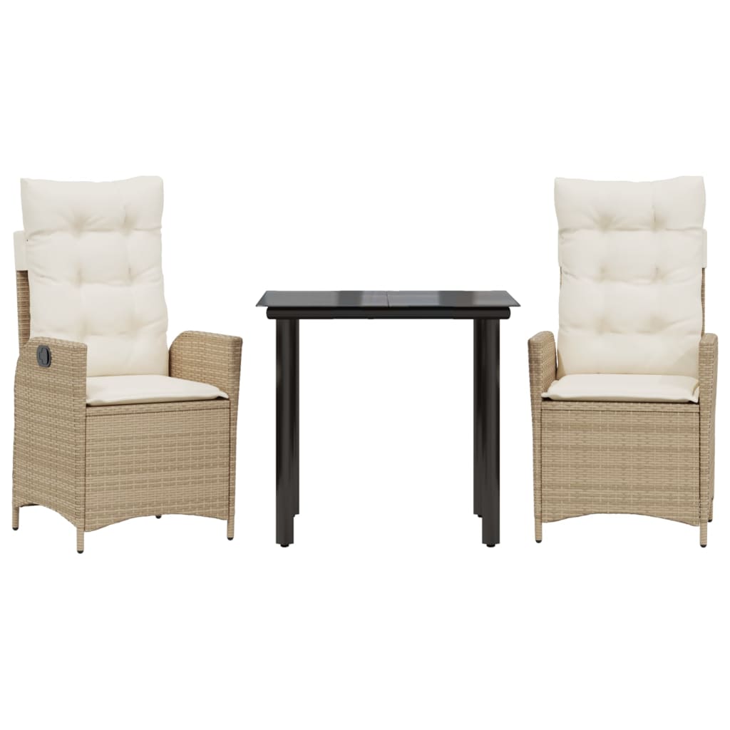 spisebordssæt til haven 3 dele med hynder polyrattan beige