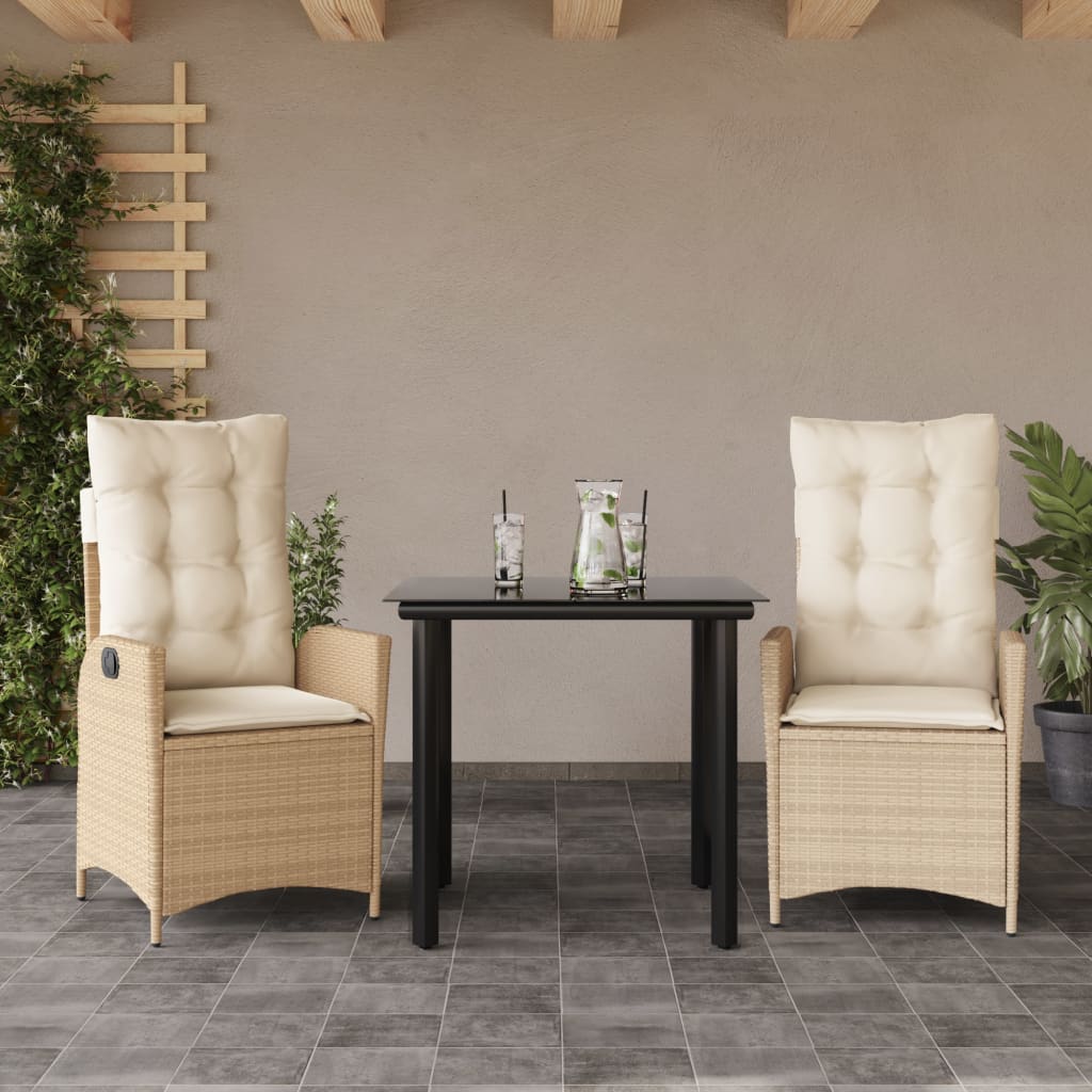 spisebordssæt til haven 3 dele med hynder polyrattan beige