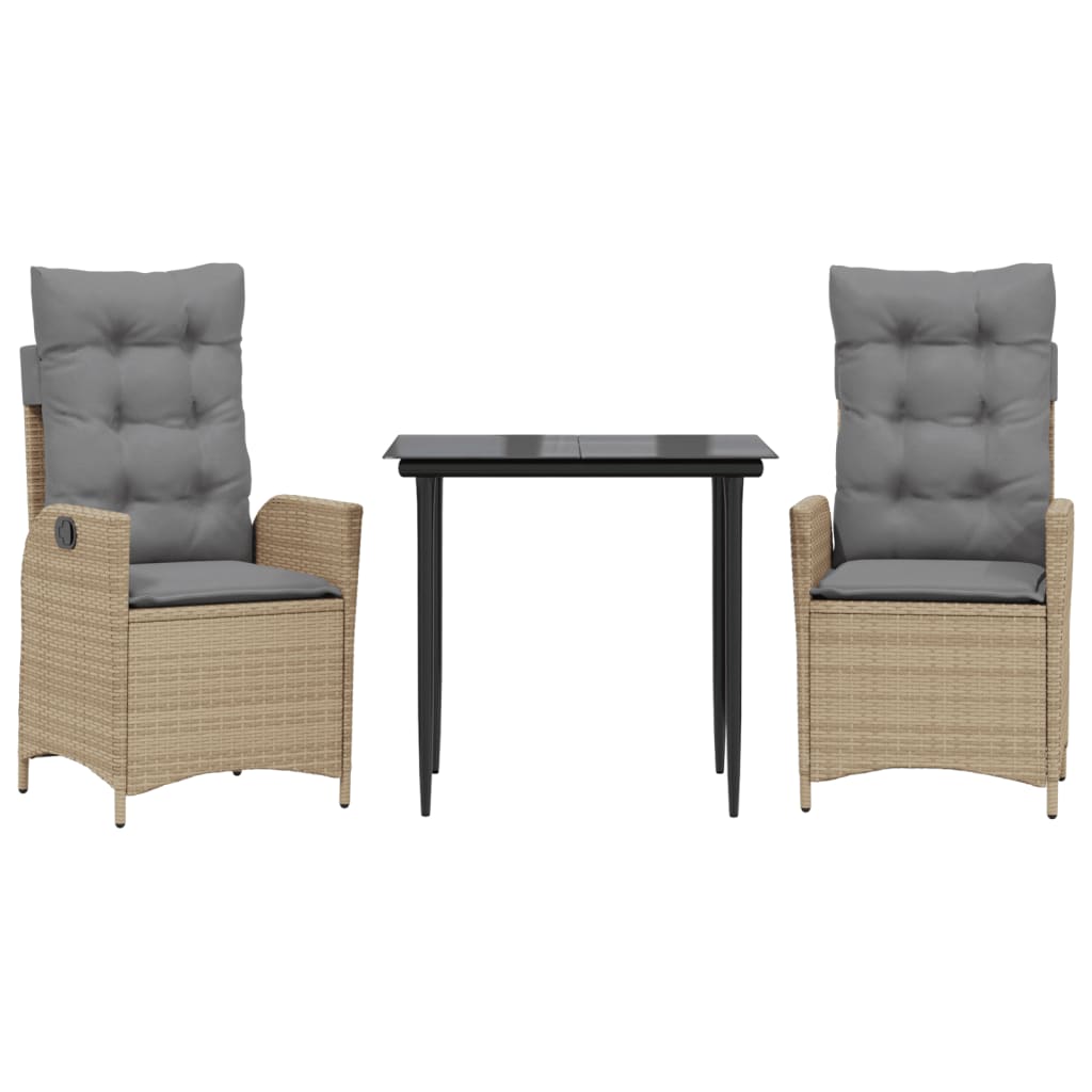 spisebordssæt til haven 3 dele med hynder polyrattan beige