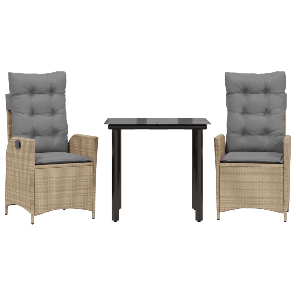 spisebordssæt til haven 3 dele med hynder polyrattan beige